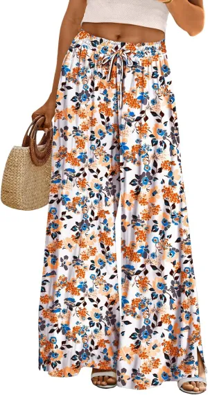 YESNO Women Summer Boho Palazzo Pants High Waist Wide Leg Floral Casual Cotton Lounge Trousers with Pockets PP0
