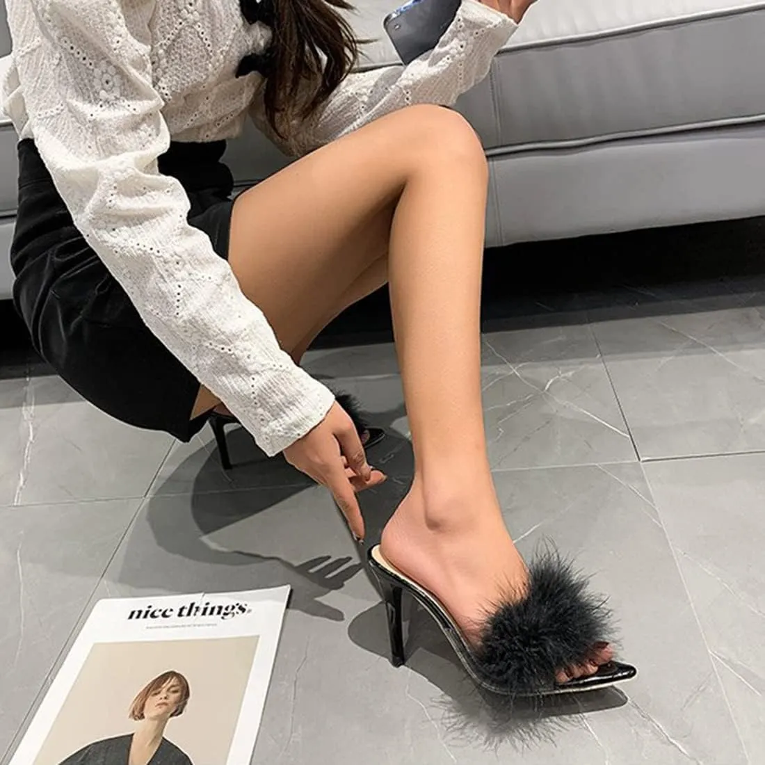 YIBLBOX Women's Fluffy Feather Pointed Toe High Stiletto Toe Wedding Dress Heel Slipper