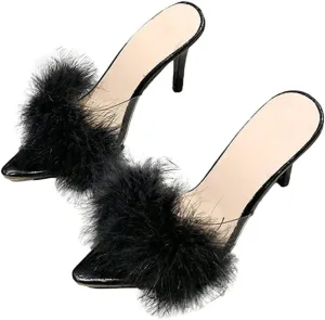 YIBLBOX Women's Fluffy Feather Pointed Toe High Stiletto Toe Wedding Dress Heel Slipper