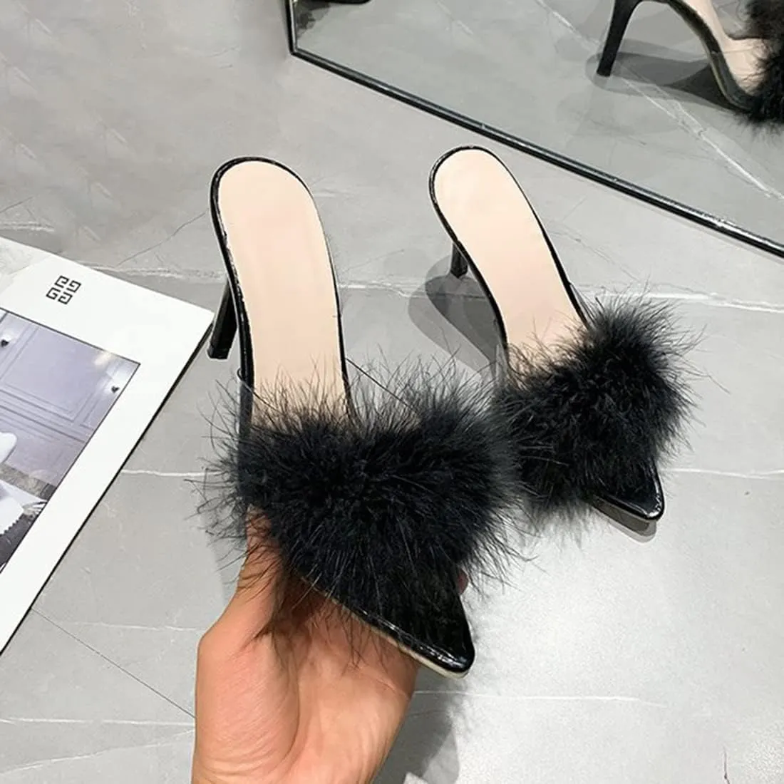 YIBLBOX Women's Fluffy Feather Pointed Toe High Stiletto Toe Wedding Dress Heel Slipper