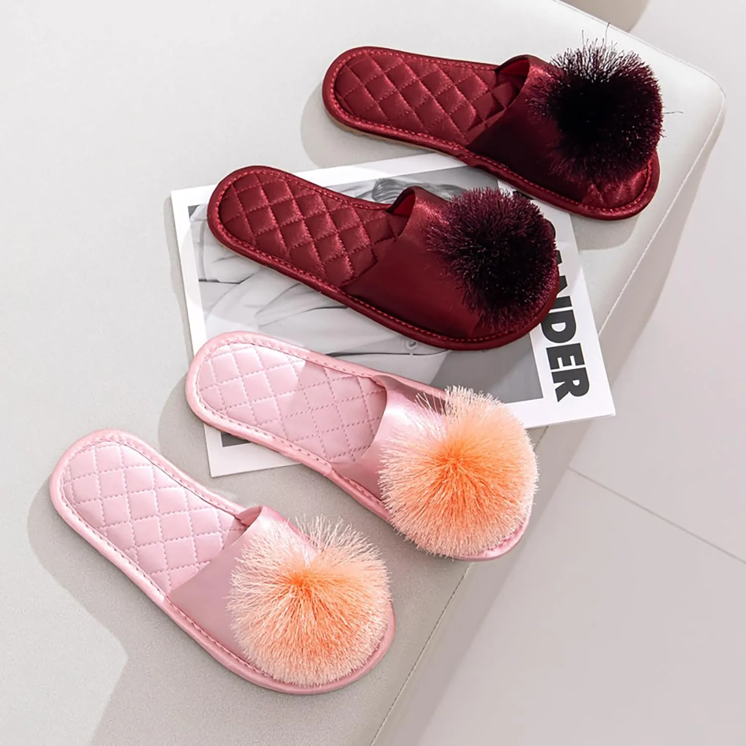 YIBLBOX Women's Tassel Pom Pom Slippers Ladies Sexy Cozy Bedroom Slipper Non-slip Sole Flat Sandal for Indoor Outdoor