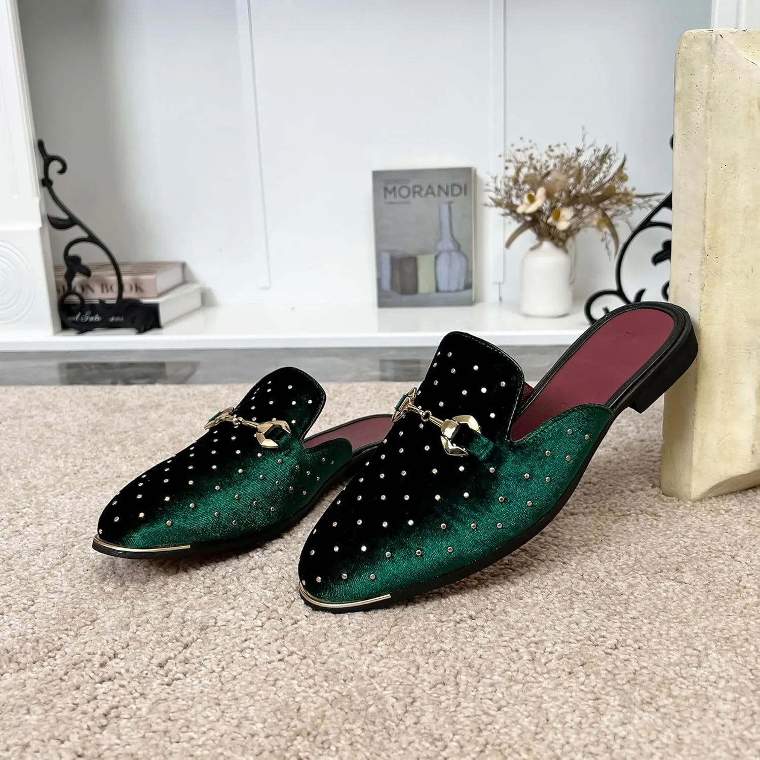 YYQL Mens Slippers with Arch Support Embroidered Leather Sandals for Men Slip On House Shoes with Indoor Outdoor Anti-Skid Rubber Sole Size 7-13