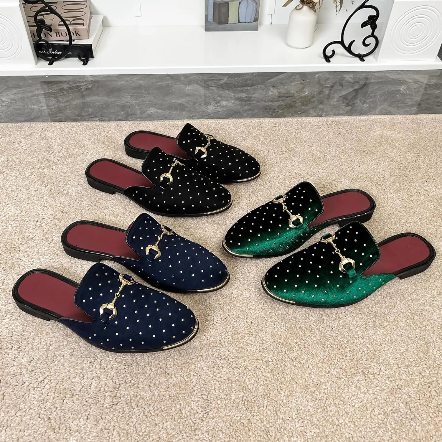 YYQL Mens Slippers with Arch Support Embroidered Leather Sandals for Men Slip On House Shoes with Indoor Outdoor Anti-Skid Rubber Sole Size 7-13