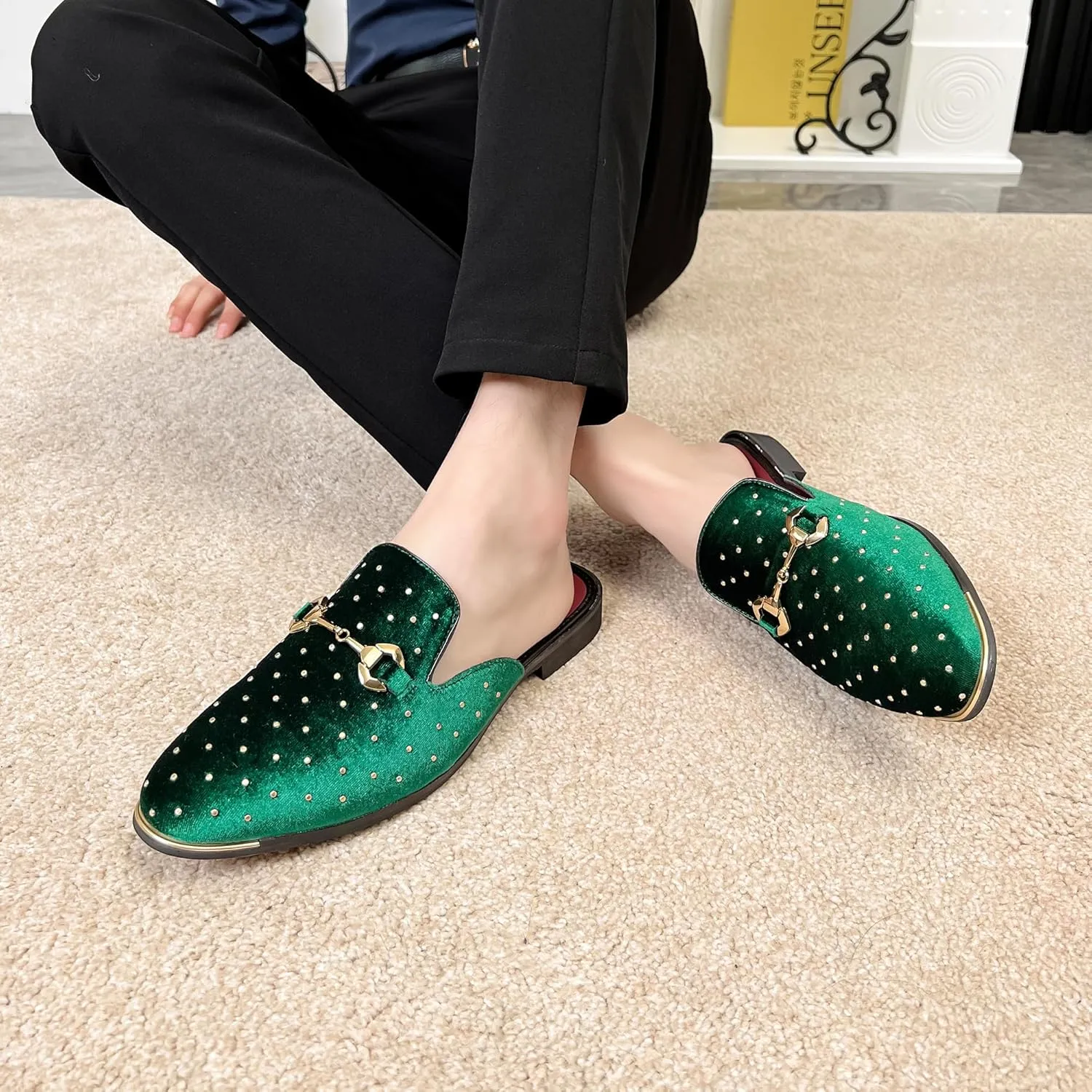 YYQL Mens Slippers with Arch Support Embroidered Leather Sandals for Men Slip On House Shoes with Indoor Outdoor Anti-Skid Rubber Sole Size 7-13