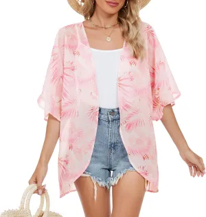 Zando Womens Floral Kimono Cover Ups Short Sleeve Kimono Cardigans Casual Shawl Cardigan Loose Open Front Kimono Tops