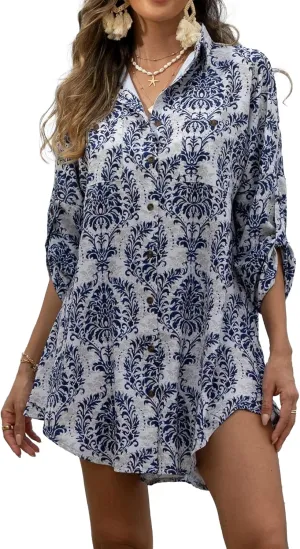 Zoye Chen Womens Swimsuit Cover up For Swimwear Button Down Beach Shirt Dress Bikini Coverup Blouse Shirt Dress