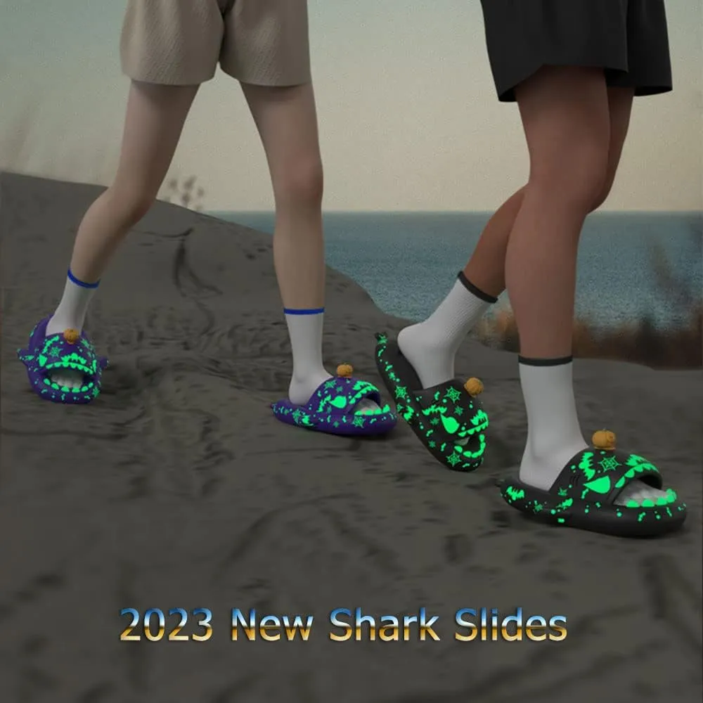 Zureto Halloween Christmas Shark Slippers, 3D Cartoon Spooky Shark Slides Glow In The Dark For Men Women