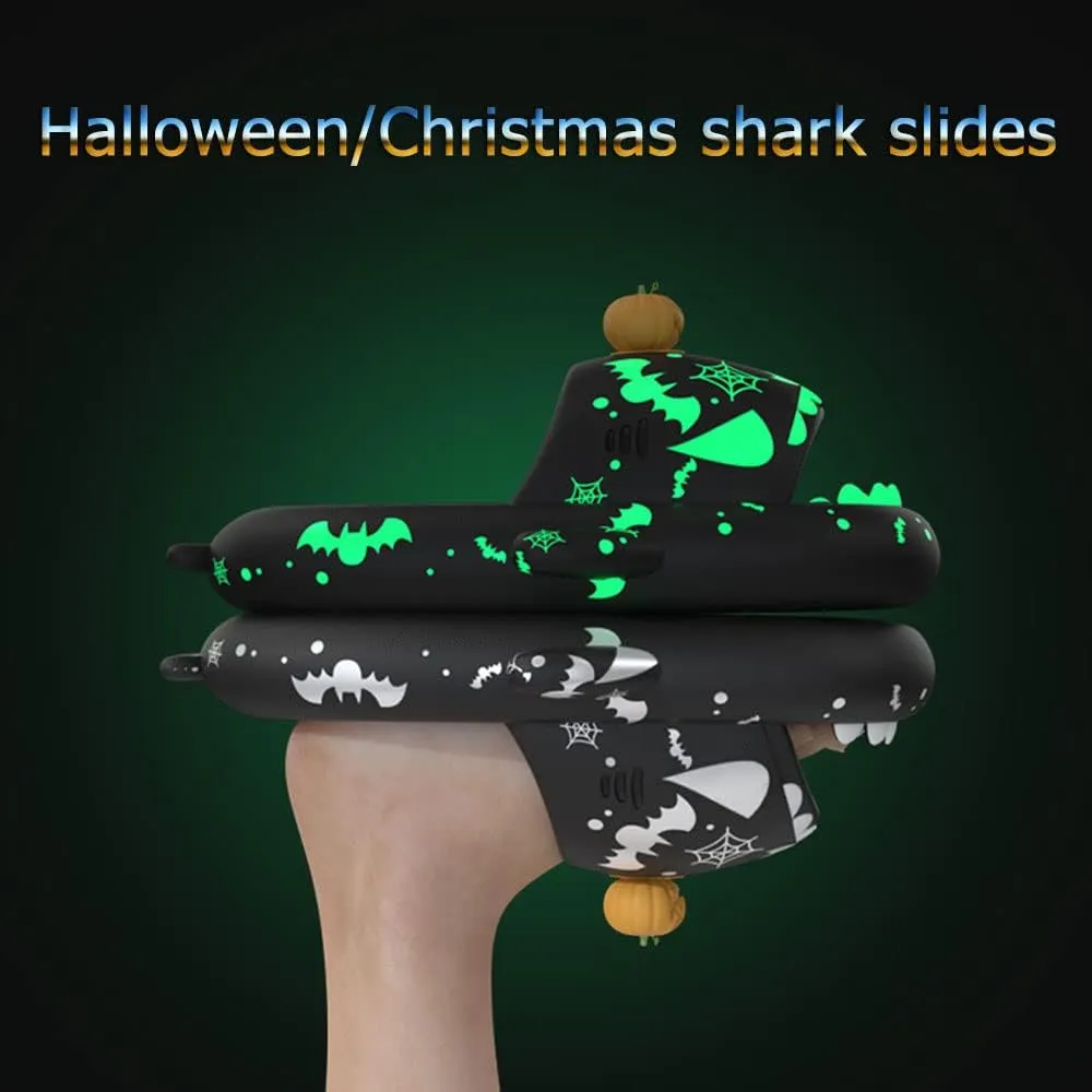 Zureto Halloween Christmas Shark Slippers, 3D Cartoon Spooky Shark Slides Glow In The Dark For Men Women